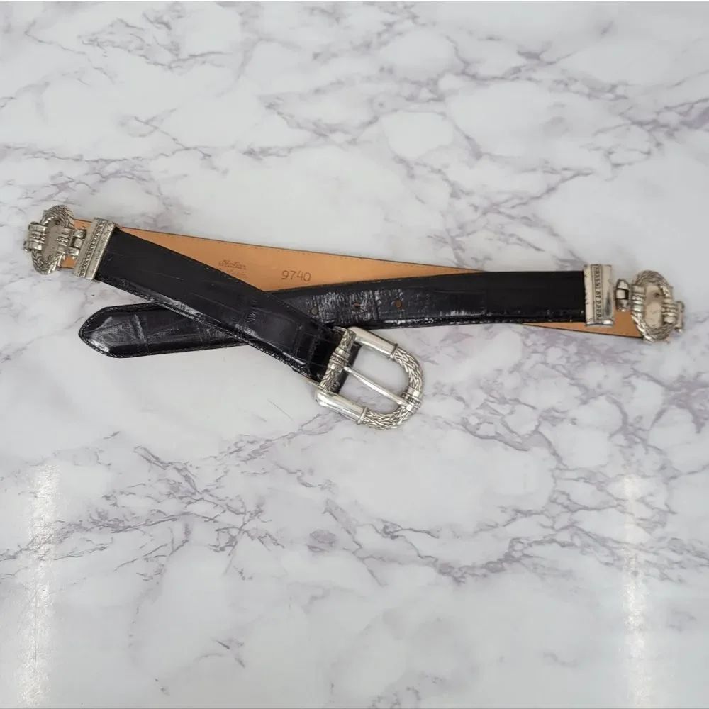 Vintage Black Italian Calfskin Leather Belt with Silver Tone Hardware